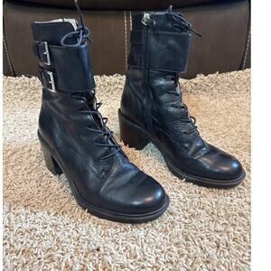 Nine West Fynndell Leather Ankle Boots Lace Up Side Zipper Chunky Heel Size 8